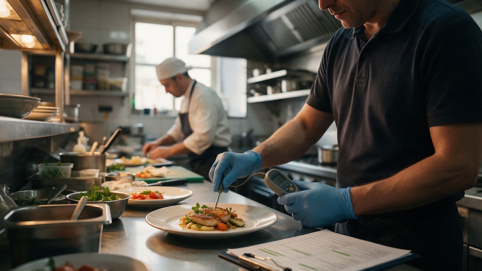 Técnico de seguridad alimentaria comprobando la temperatura de un plato en una cocina profesional